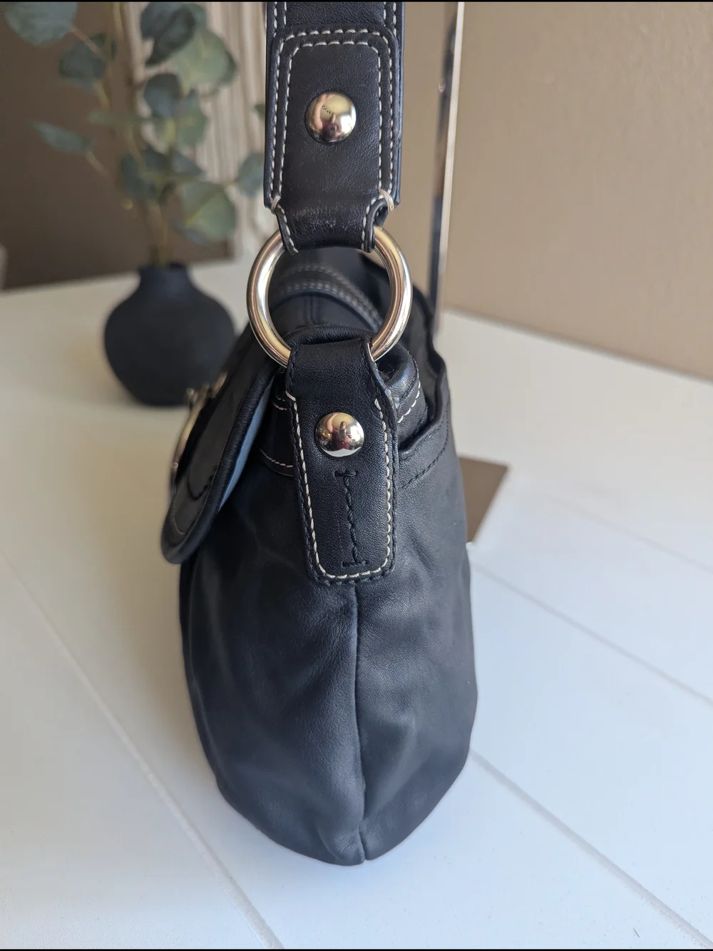 Coach Black Leather Shoulder Bag with Buckle Accent